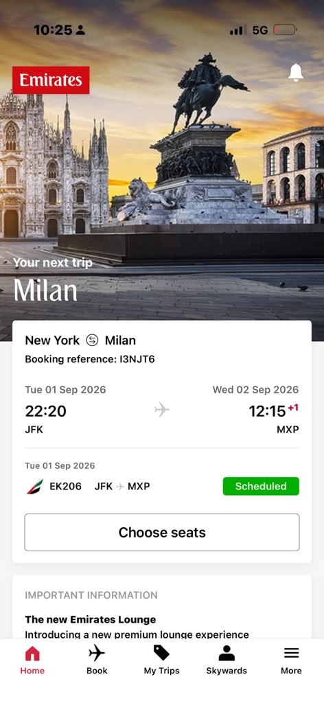 Emirates app booking for flight EK206 from New York JFK to Milan Malpensa, departing 22:20 and arriving 12:15 the next day