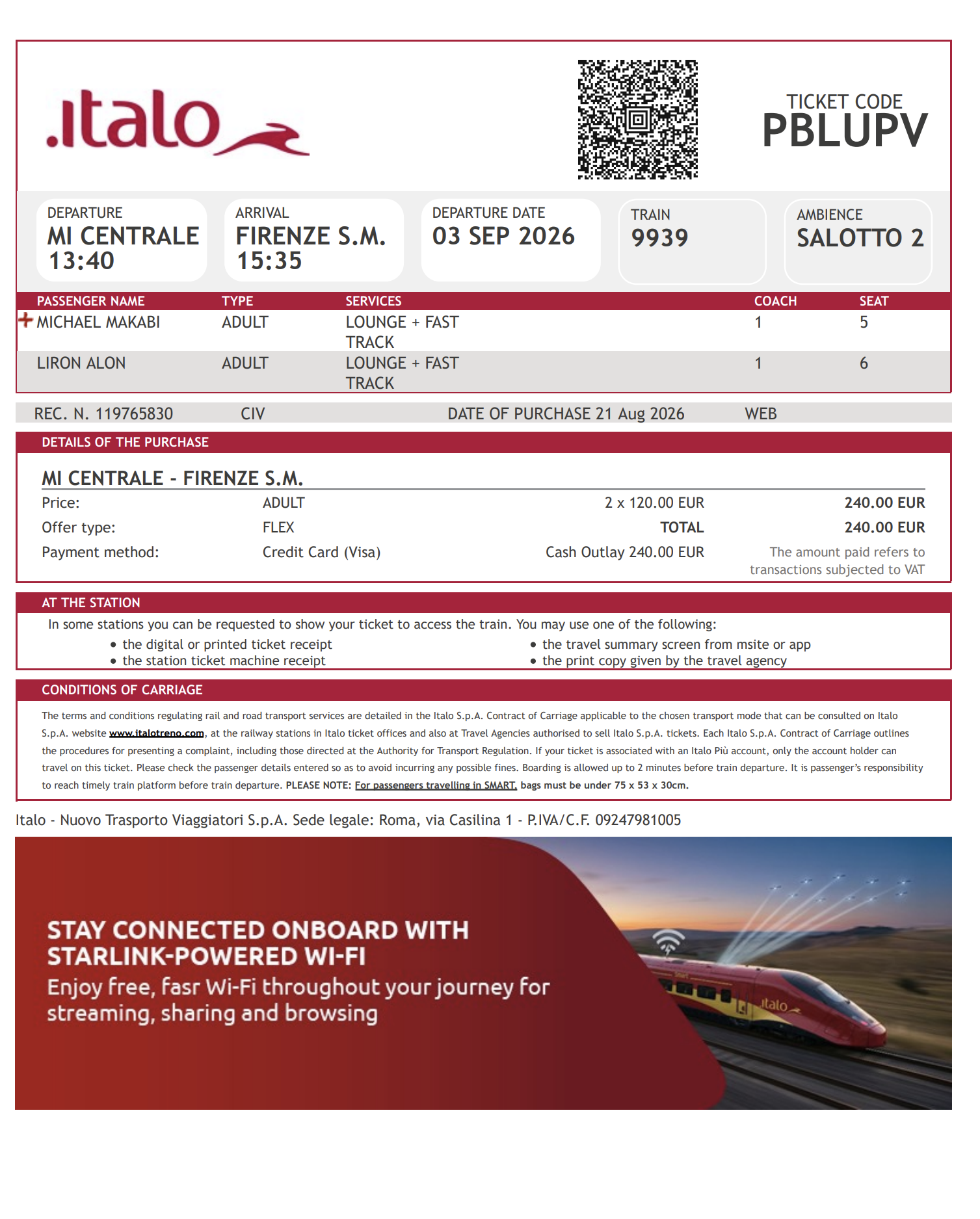 Italo high speed train ticket from Milano Centrale to Firenze Santa Maria Novella on September 3 2026, ticket code PBLUPV