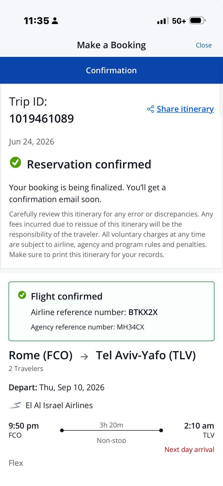 El Al reservation confirmation for Rome Fiumicino to Tel Aviv, airline reference BTKX2X