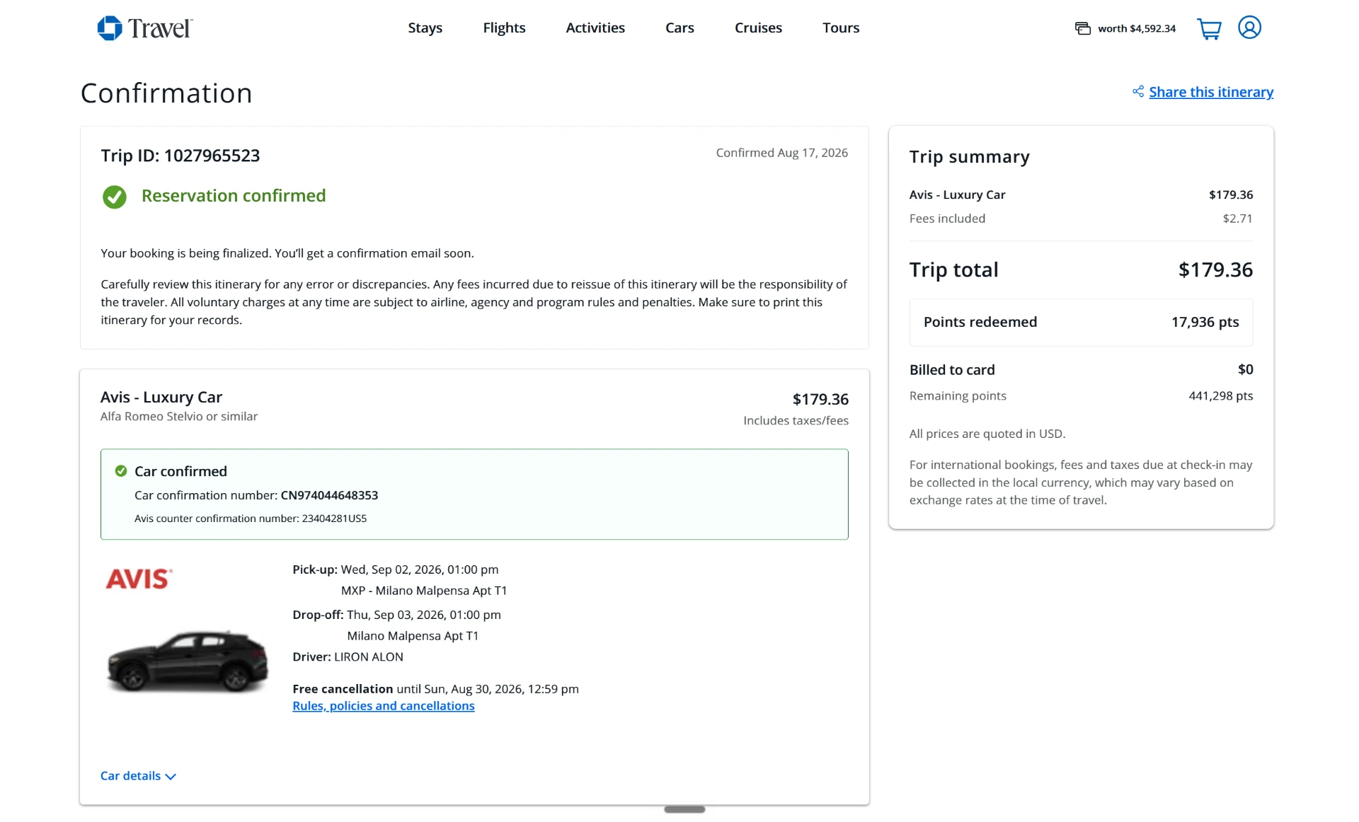 Avis rental car confirmation for the Milano Malpensa pickup