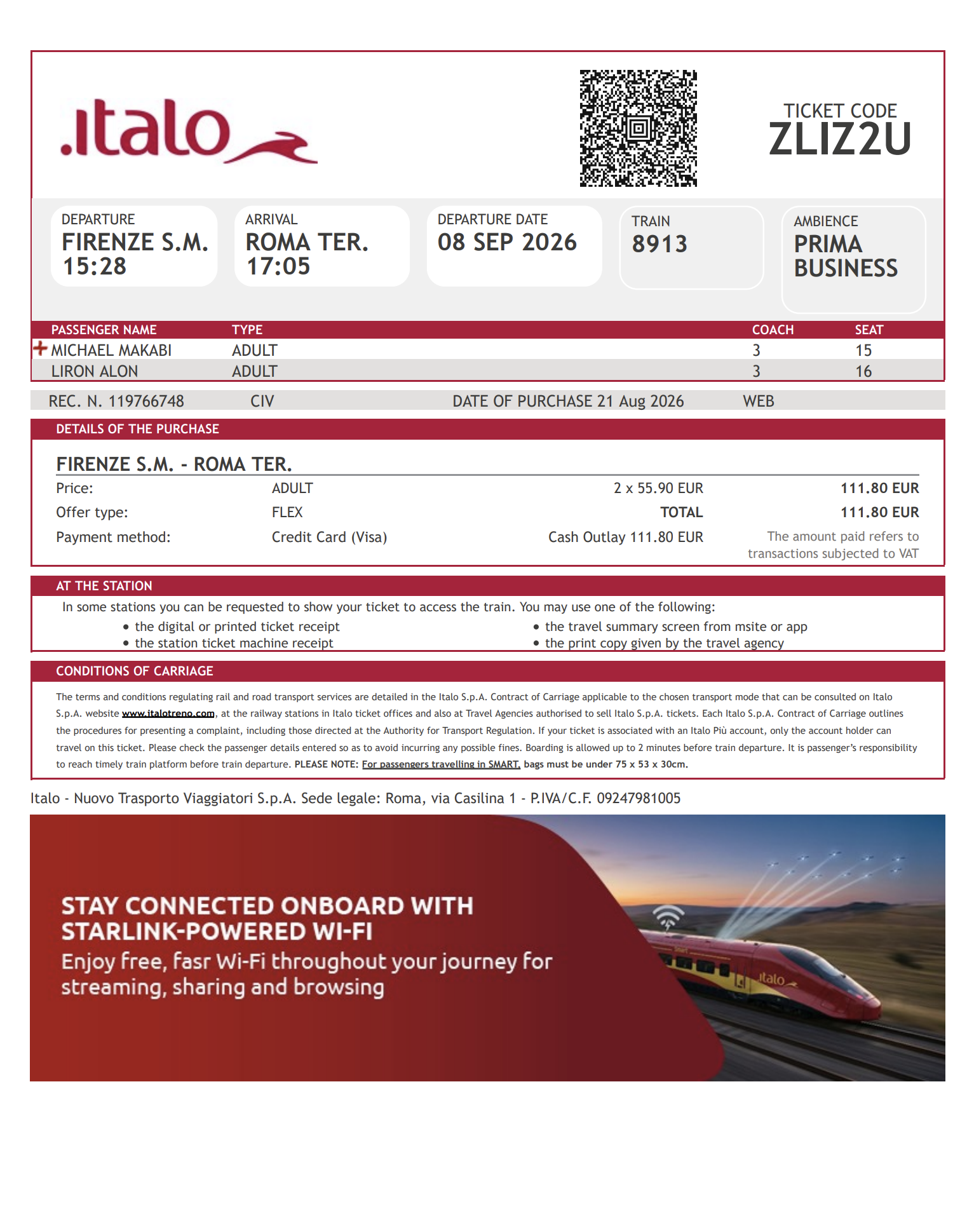 Italo high speed train ticket from Firenze Santa Maria Novella to Roma Termini on September 8 2026, ticket code ZLIZ2U