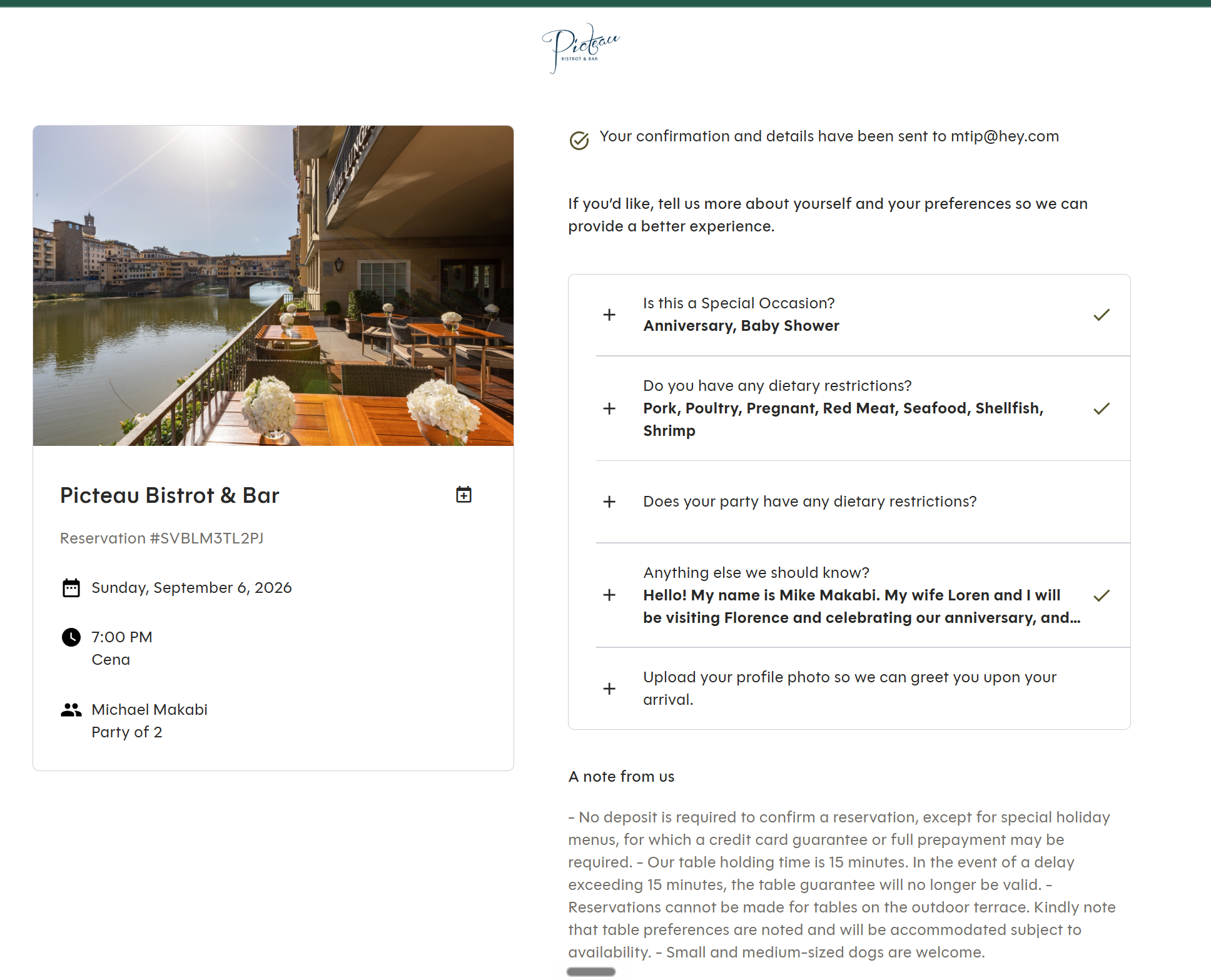 Picteau Bistrot and Bar reservation confirmation for Sunday September 6 at 7:00 PM