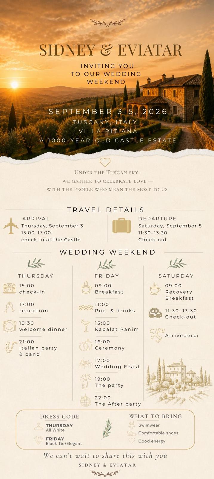 Wedding invitation for Sidney and Eviatar at Villa Pitiana in Tuscany, September 3 to 5 2026