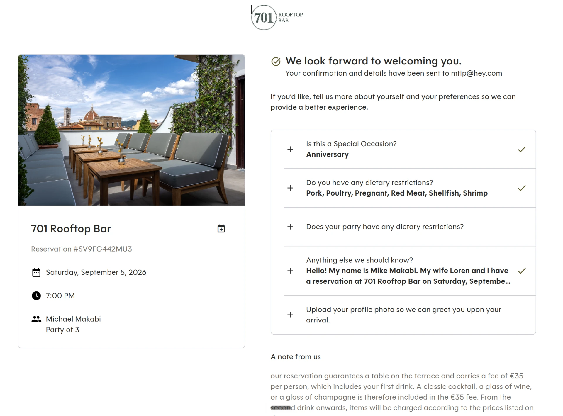 701 Rooftop Bar reservation confirmation for Saturday September 5 at 7:00 PM