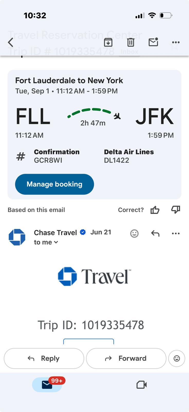 Chase Travel confirmation for Delta DL1422 from Fort Lauderdale to New York JFK, confirmation GCR8WI
