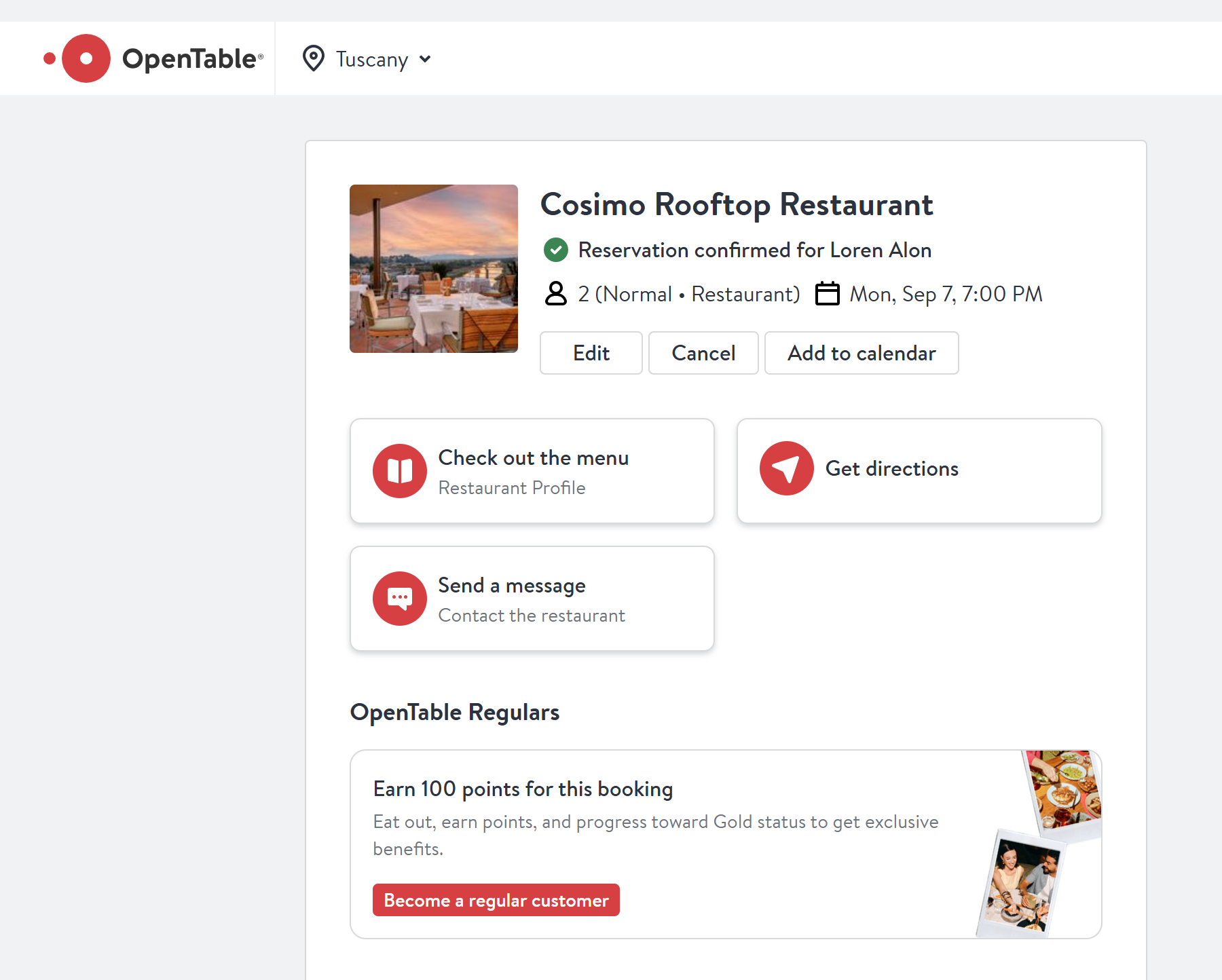 OpenTable confirmation for Cosimo Rooftop Restaurant in Florence on September 7