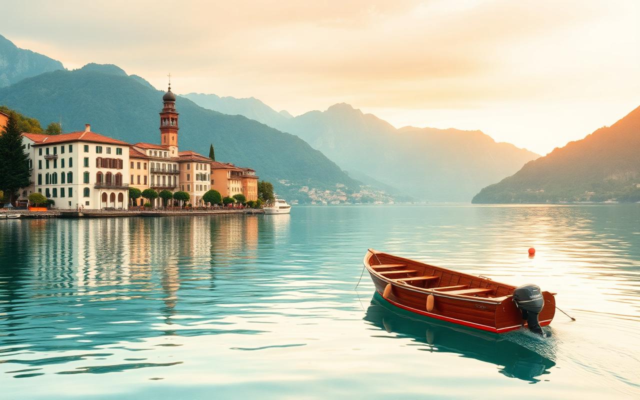 Lake Como with a wooden boat