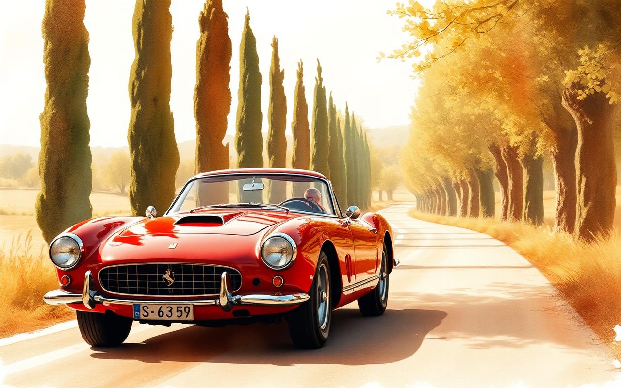 Vintage red Ferrari on Tuscan road